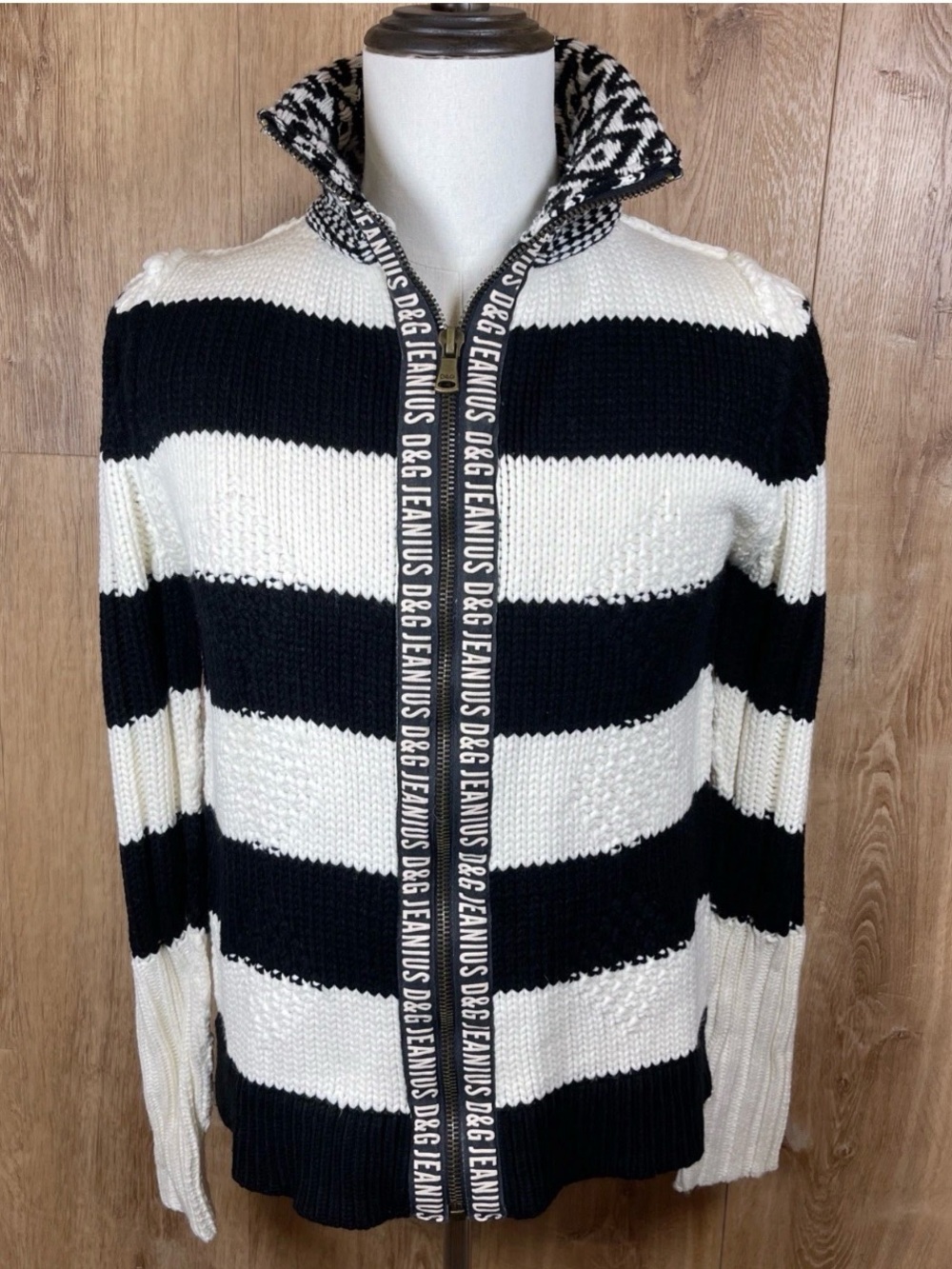 Dolce & Gabbana Black & White Striped Zip Sweater
